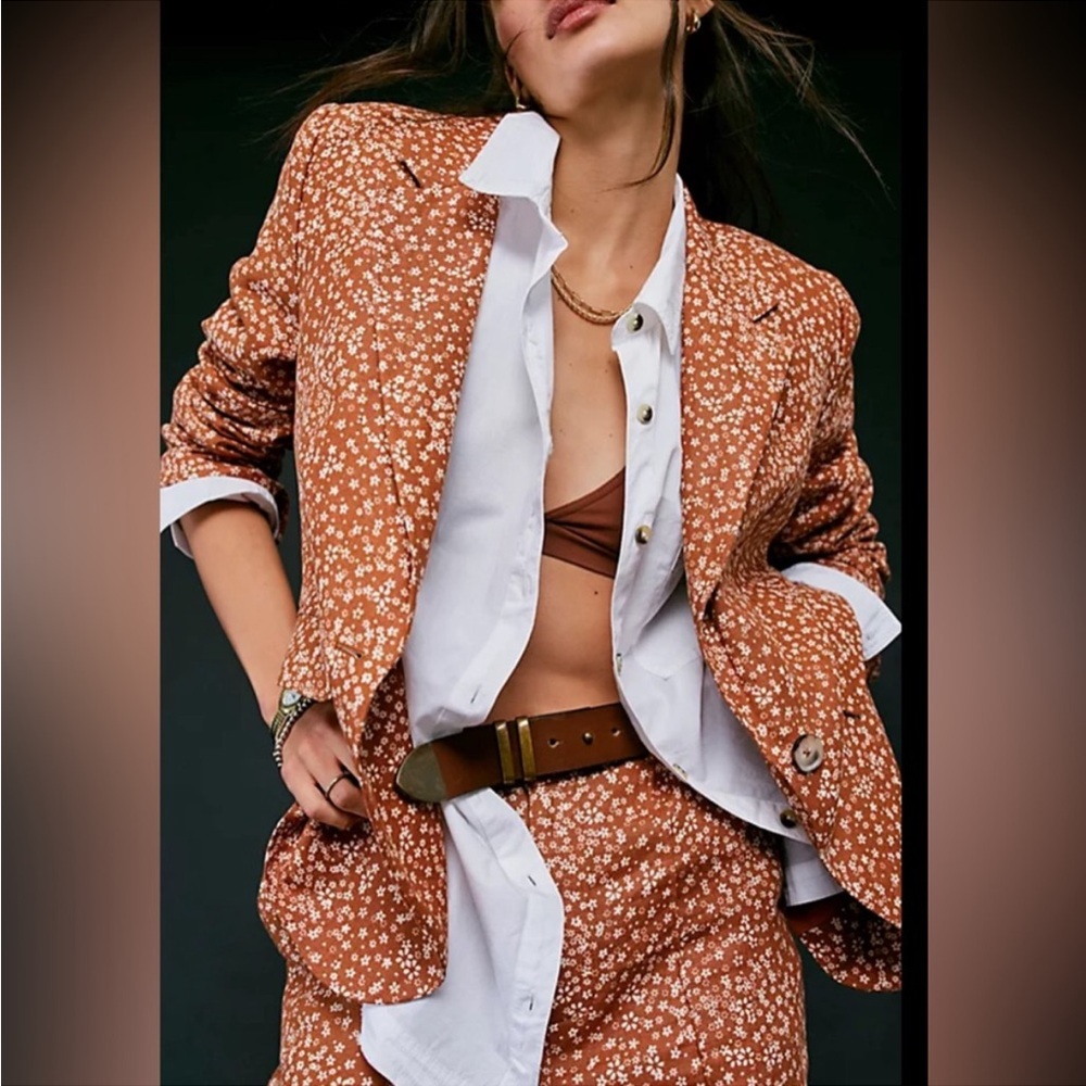 NWT Free People Maggie Brown Floral Linen Blazer Jacket and Pants Suit Set - Picture 2 of 5